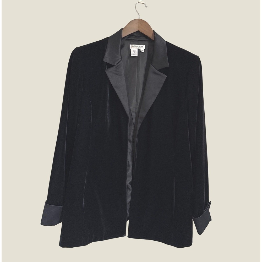 Coldwater Creek Womens XL Black Velvet Tuxedo Blazer Satin Trim Open Front